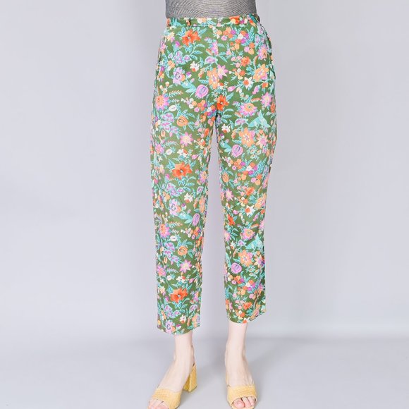 Vintage Pants - VINTAGE Vico Dritto Portofino High Waist Green Floral Pants 50s Retro  S